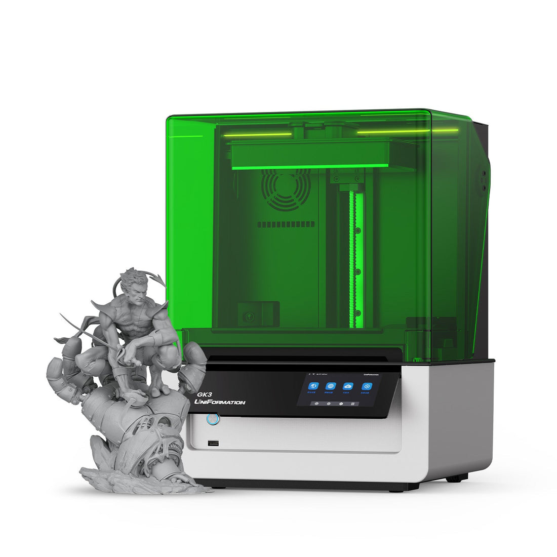UniFormation GK3 resin 3D printer with hinged green cover in official product image