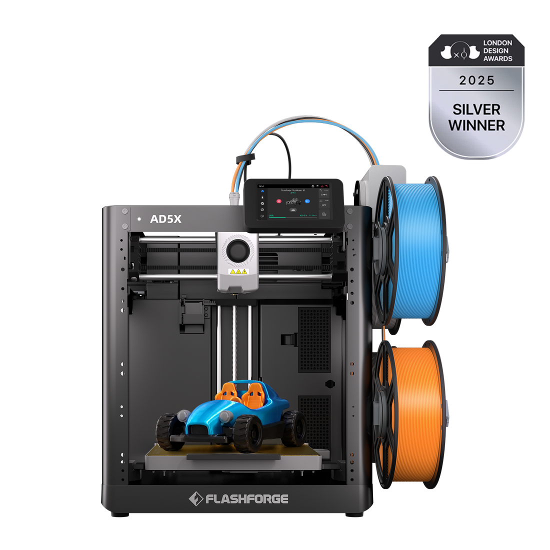 Flashforge AD5X four-color 3D printer with side-mounted filament spools in official product media