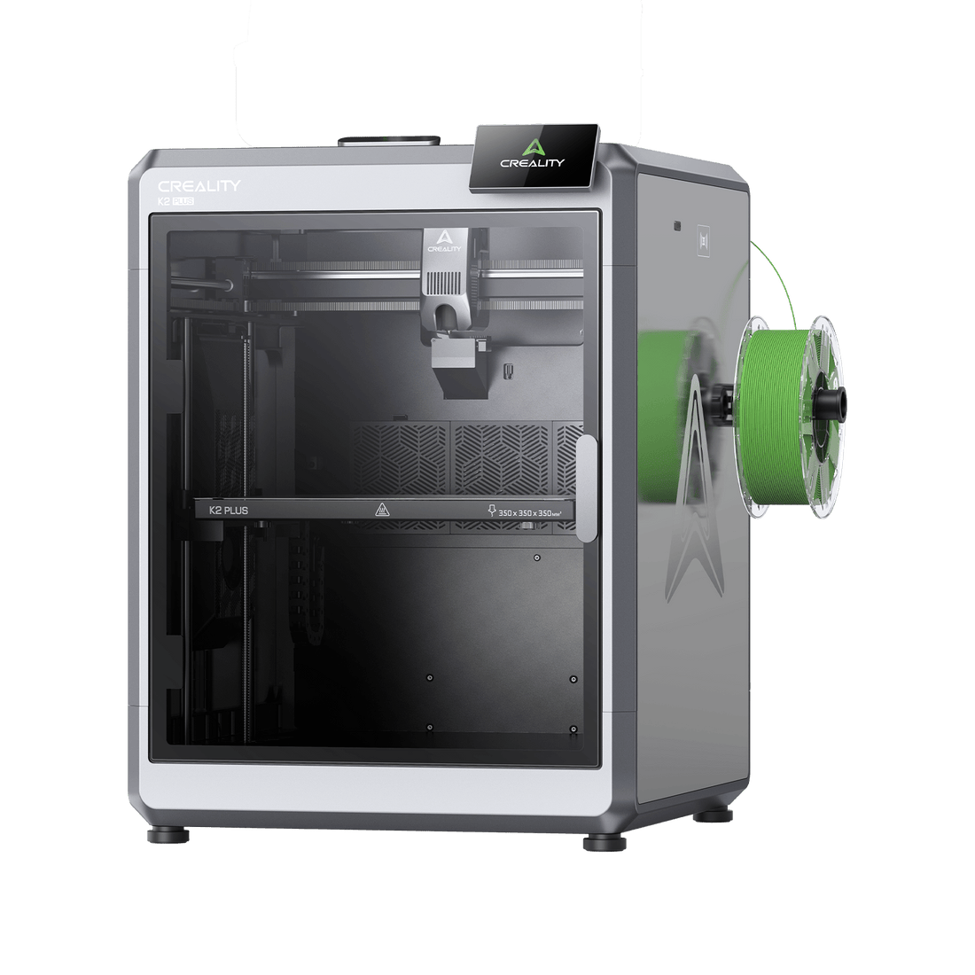 Creality K2 Plus enclosed large-format 3D printer beside its Creality Filament System in official product media