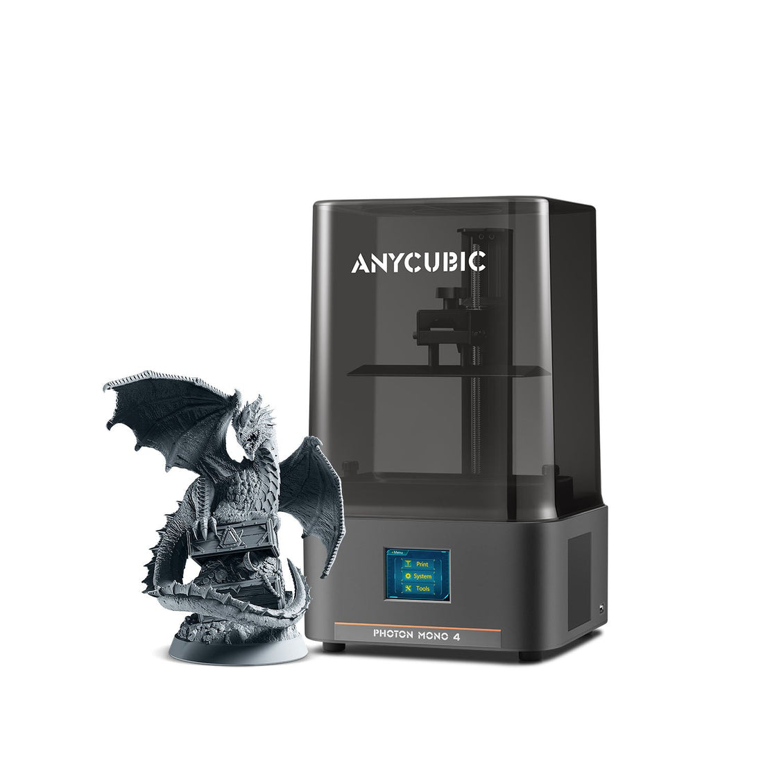 Anycubic Photon Mono 4 resin 3D printer beside a detailed dragon model in an official product image