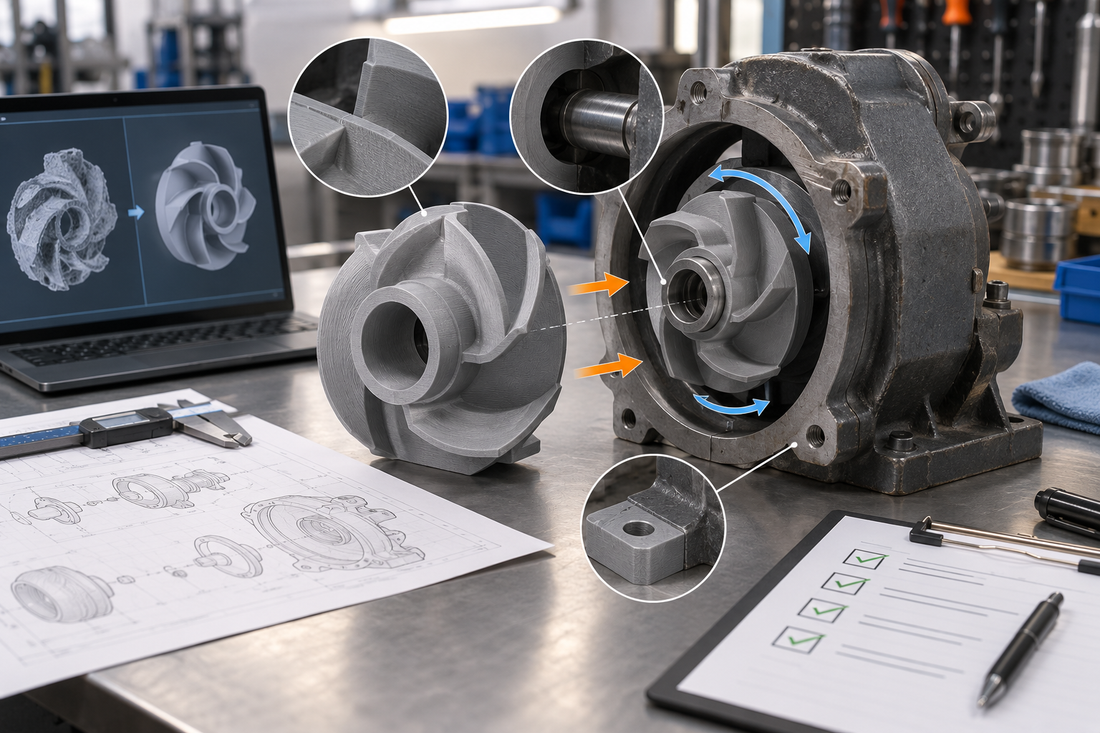 Generic reverse-engineered 3D printed replacement part evaluated against a mating assembly for alignment, motion clearance, interfaces, and functional fit