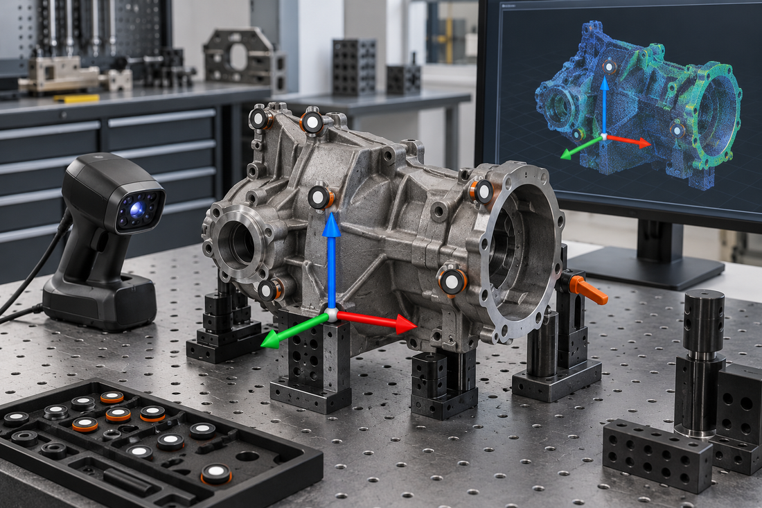 Generic existing mechanical assembly prepared for 3D scanning with datum targets, a visible coordinate frame, fixtures, and an aligned point-cloud view