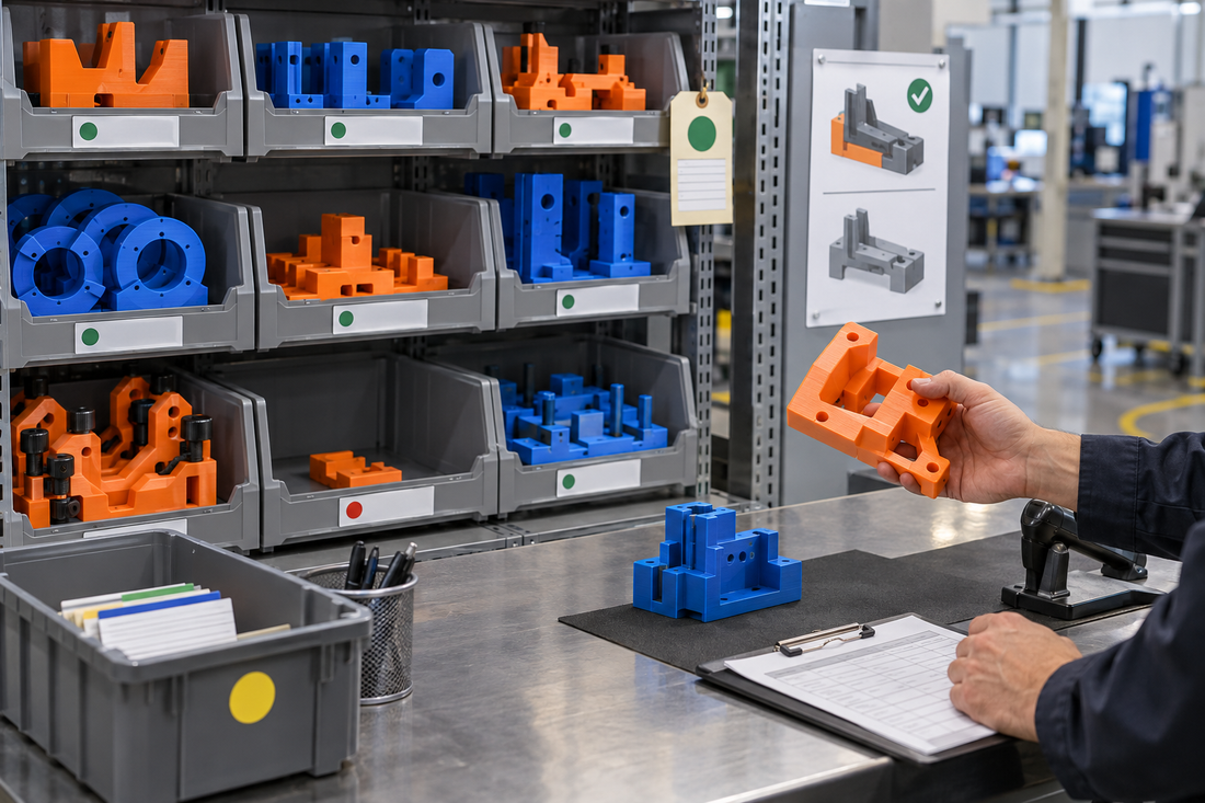 Tool crib with orange and blue 3D printed jigs and fixtures in controlled bins while an approved fixture is checked out
