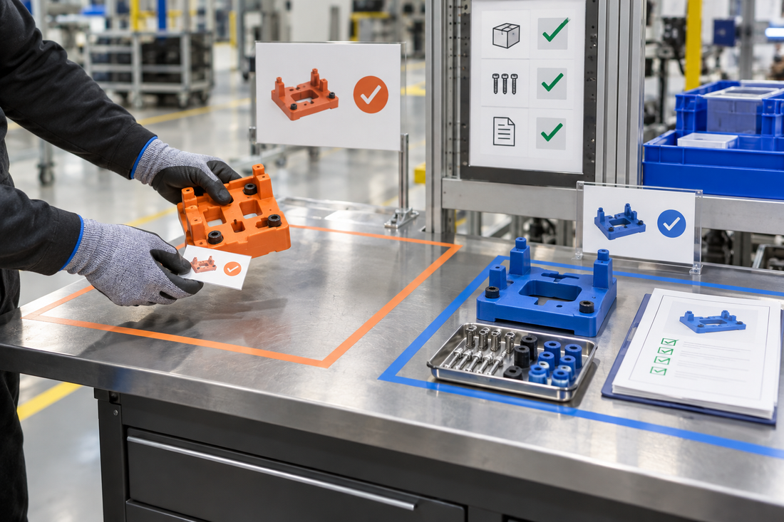 Factory changeover with an orange 3D printed fixture removed from the outgoing zone and a blue fixture with matched hardware in the incoming zone
