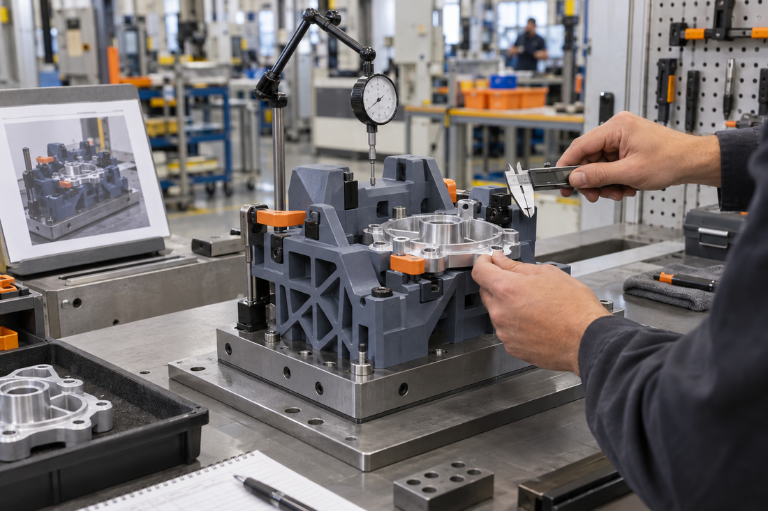 Technician revalidating a blue-gray 3D printed production fixture at a new workstation with mounting and inspection checks