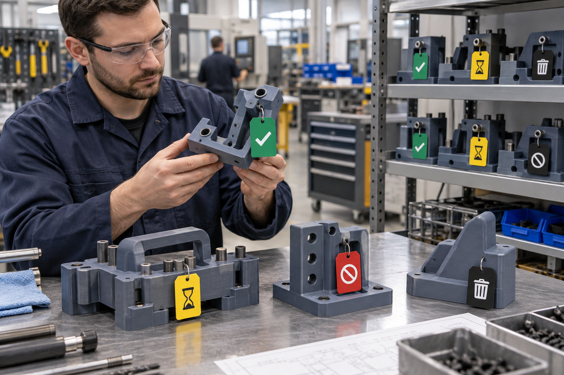 Temporary 3D printed production fixtures with distinct approved, time-limited, hold, and retire status tags at a factory workstation