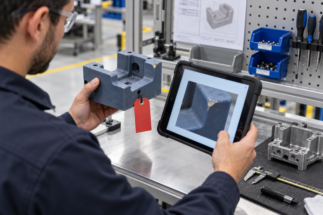 Technician documenting a chipped 3D printed production fixture on a tablet with a red hold tag at its workstation