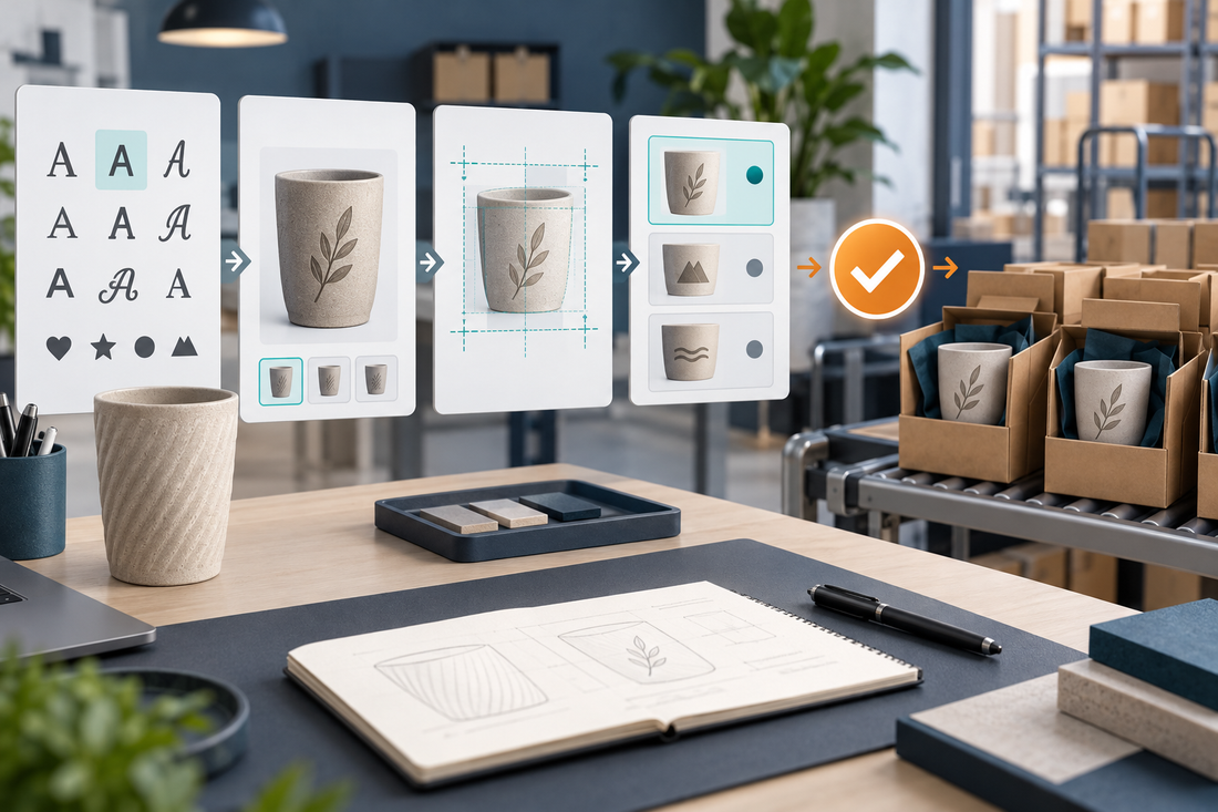 Personalized 3D printed product moving through font selection, layout safe-zone review, template approval, and controlled packaging
