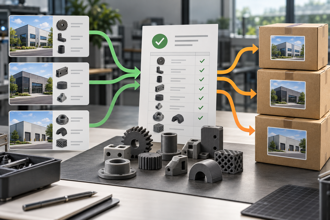 Three facility demand lists consolidated into one controlled 3D printed parts release and separated into destination cartons