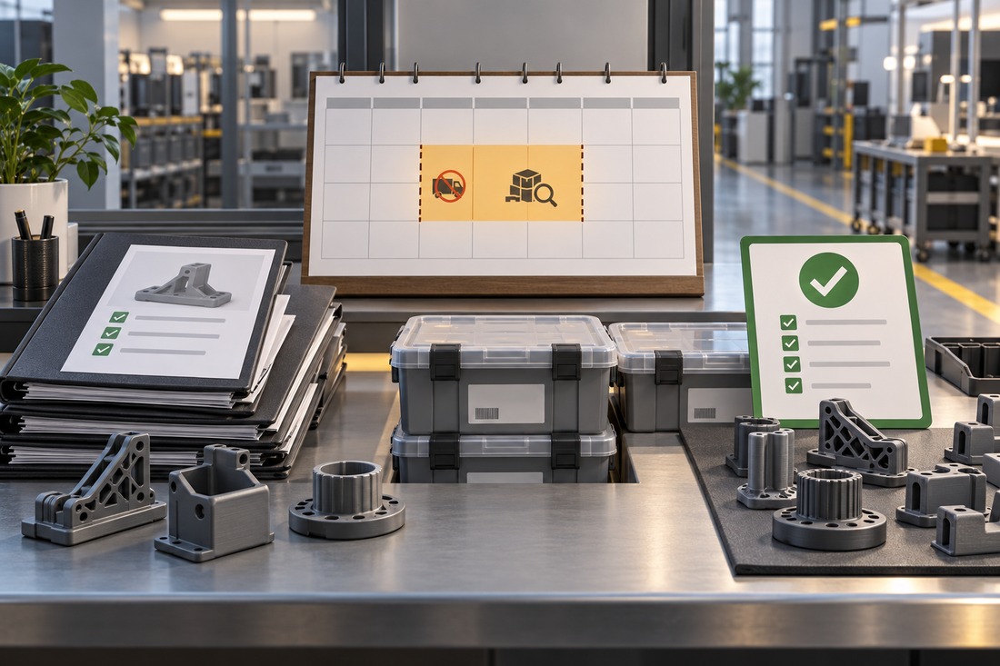 Production release paperwork, sealed inventory totes, calendar freeze window, and inspected 3D printed parts approved for restart