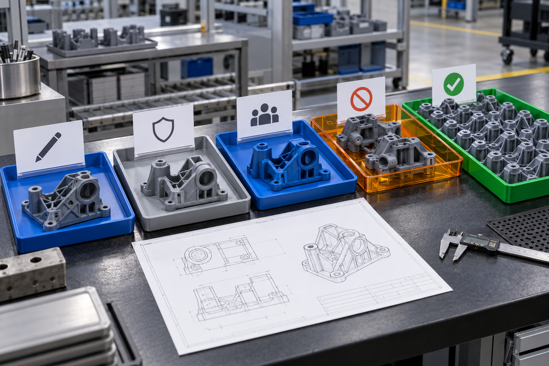 Engineering samples, retained reference parts, held units, and sellable 3D printed inventory segregated in labeled production trays