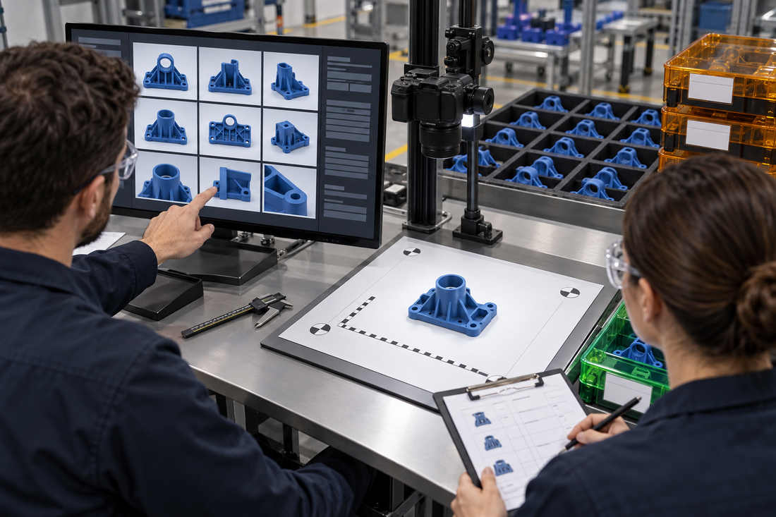 Quality team reviewing multiple controlled production photographs of a 3D printed part with scale, viewpoint, and lot context