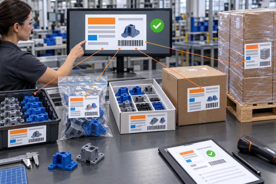 Approved production label master mapped across 3D printed parts, bags, kits, cartons, pallets, and destination pack levels