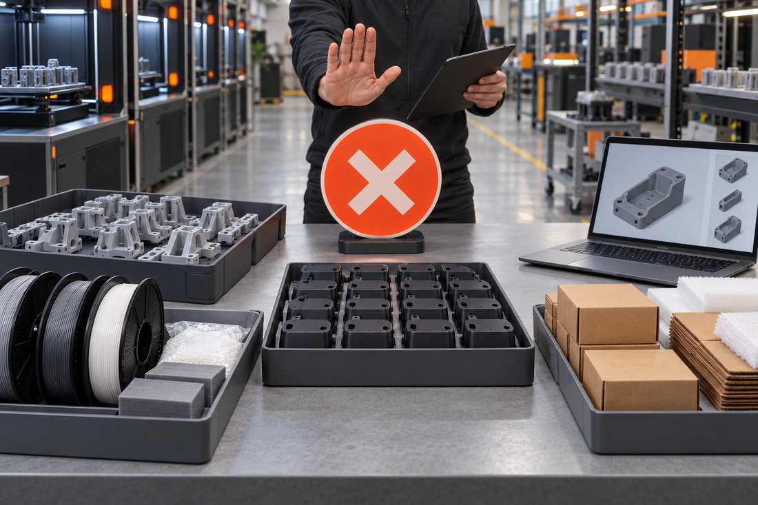 Canceled production 3D printing order under controlled review with separated work in process, finished parts, material, packaging, and CAD records