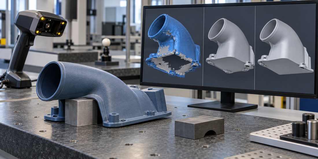 Blue-gray scanned duct cover beside a 3D scanner and a monitor comparing missing mesh data with alternative reconstructed surfaces