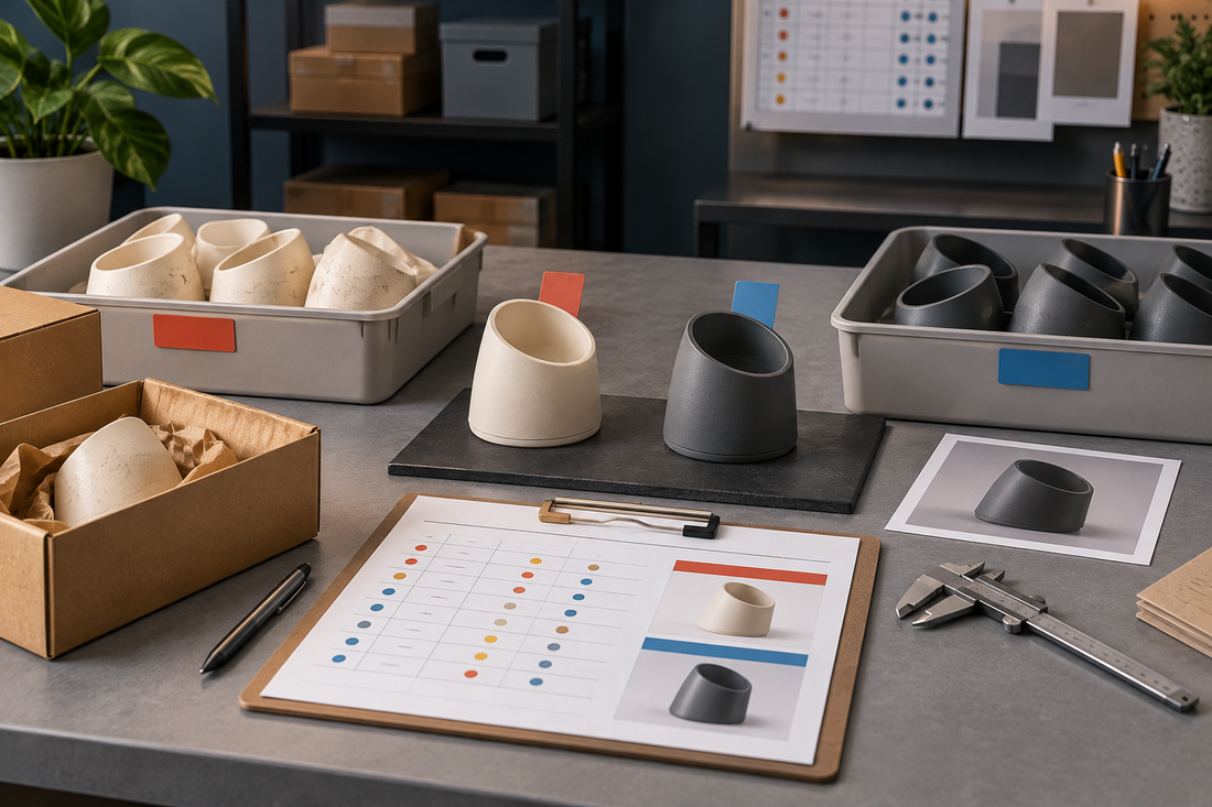Old and new 3D printed product revisions separated in return trays with reason-code markers, inspection record, packaging, and caliper