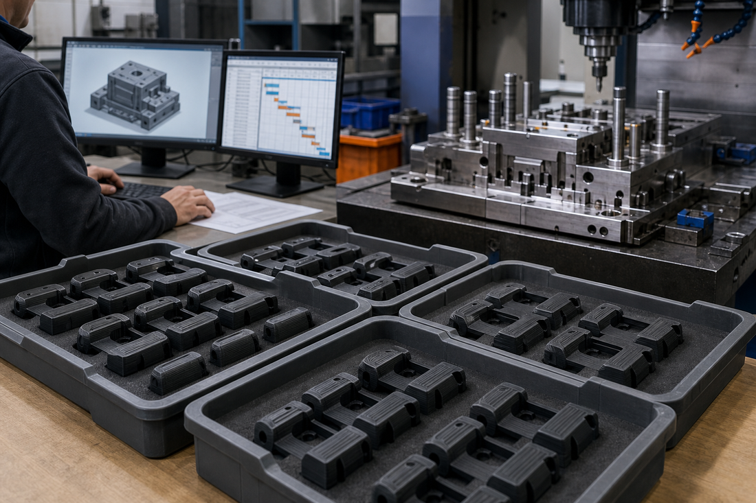 3D printed bridge-production parts staged beside injection-mold tooling under construction