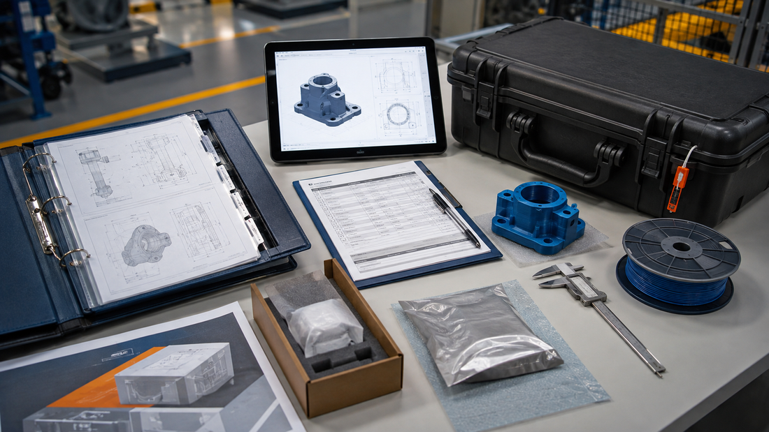 Controlled drawings, bill of materials, approved printed sample, caliper, material, packaging, and transfer case prepared for a backup production supplier
