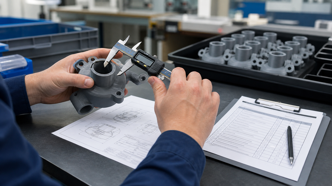 Technician using digital calipers to inspect a first article 3D printed production part