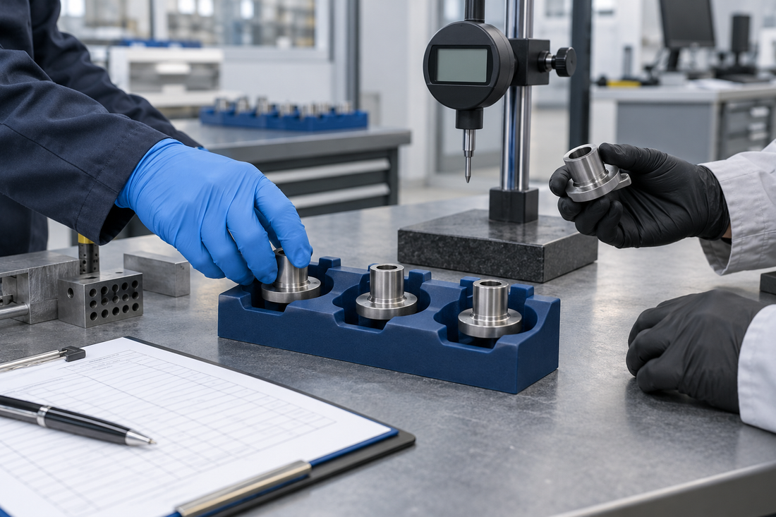 Generic 3D printed gage R&R part nest with repeated components at an industrial measurement workstation