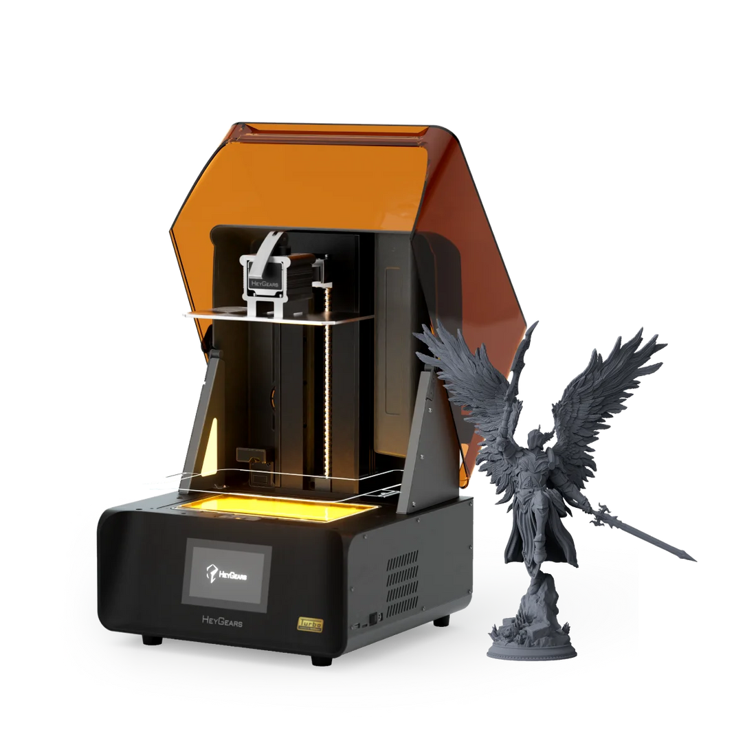 HeyGears Reflex RS Turbo resin 3D printer with a detailed miniature in official product media