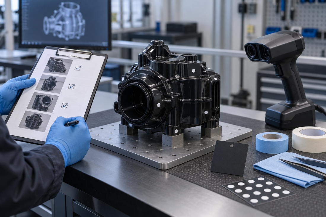 Glossy legacy component with removable scan targets, masking supplies, matte sample card, condition checklist, and a handheld 3D scanner on a metrology workbench