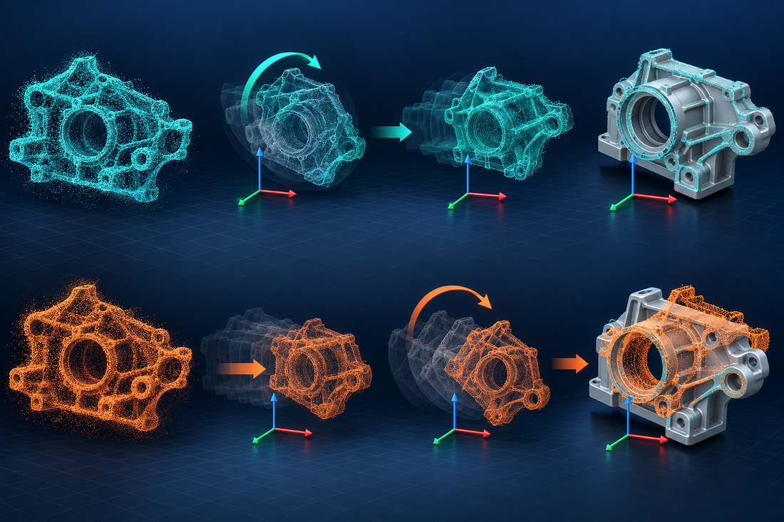 Generic scanned housing following two rotation and translation sequences into correctly aligned and misaligned CAD coordinate frames