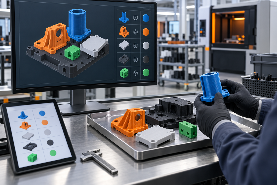 Multi-body 3MF production file review matching distinct component identities, colors, and material assignments to physical printed parts