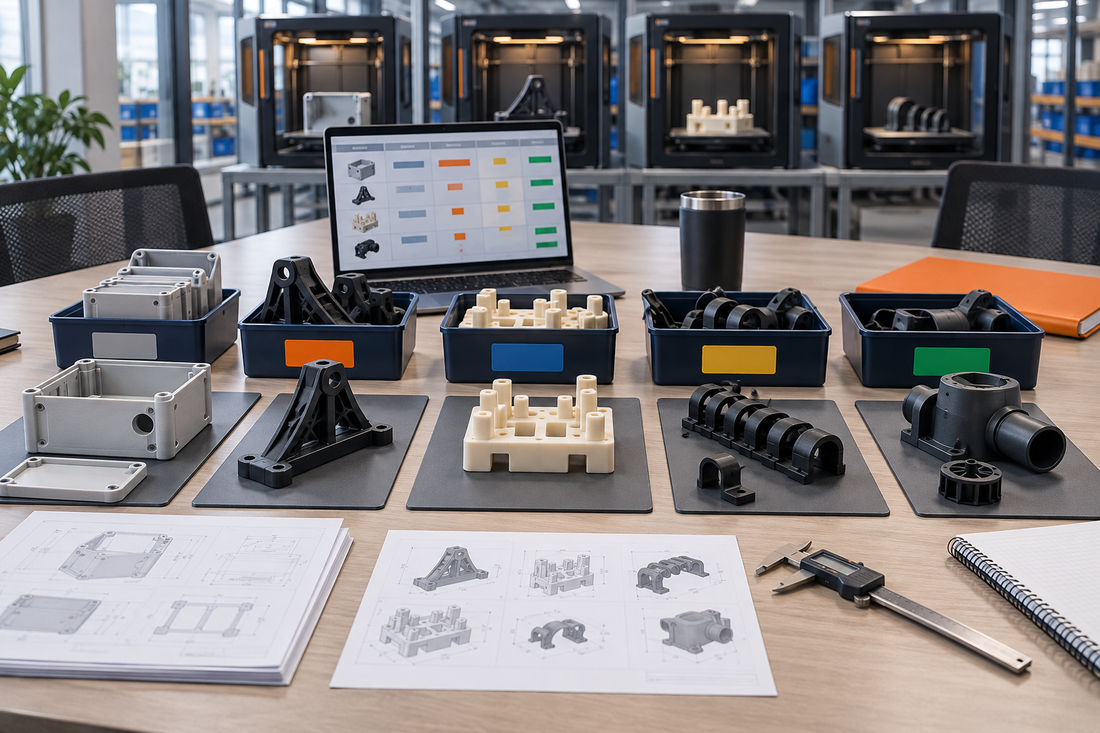 Generic 3D printed production-part families organized for an additive manufacturing sourcing strategy review beside CAD drawings and inspection tools