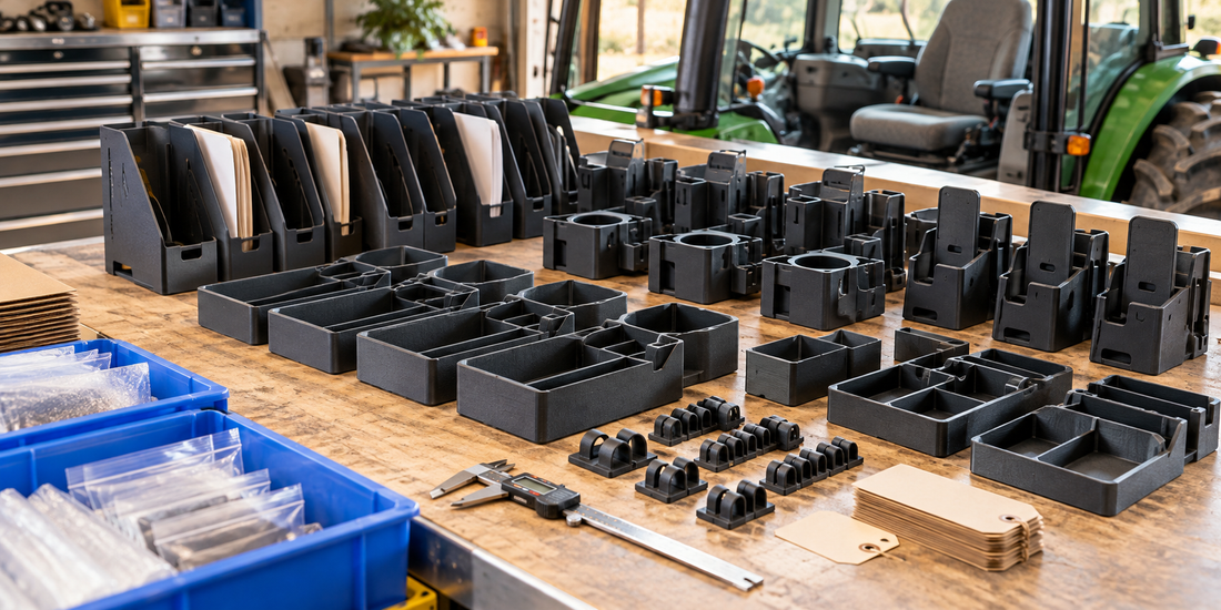 Batches of 3D printed agricultural equipment cab organizers, document holders, cable guides, and device caddies staged for inspection