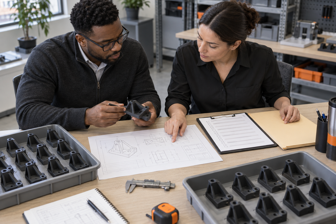 Procurement and engineering team reviewing generic 3D printed production parts, a controlled drawing, inspection checklist, and supplier approval folder