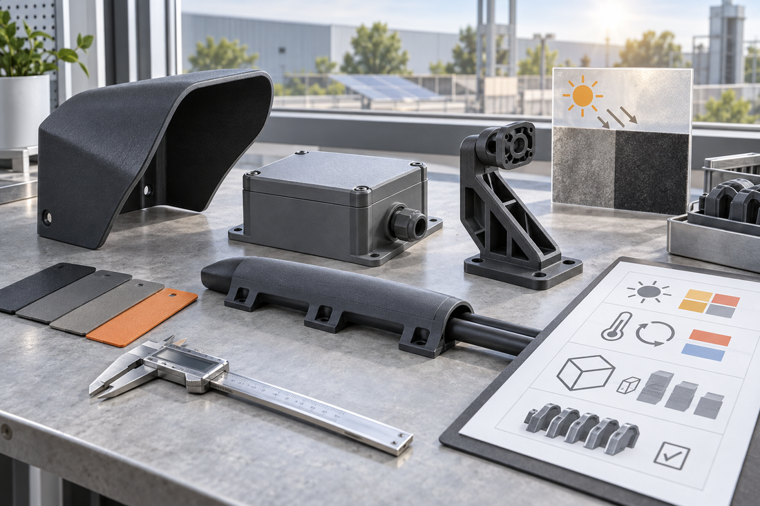 ASA outdoor production housings, brackets, shields, and cable covers reviewed with material swatches, calipers, and an exposure checklist