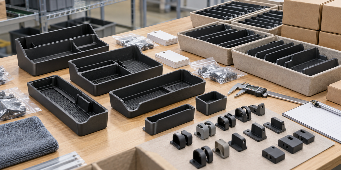 Customer-designed 3D printed automotive interior accessory batches arranged with inspection tools, revision cards, and packaging trays