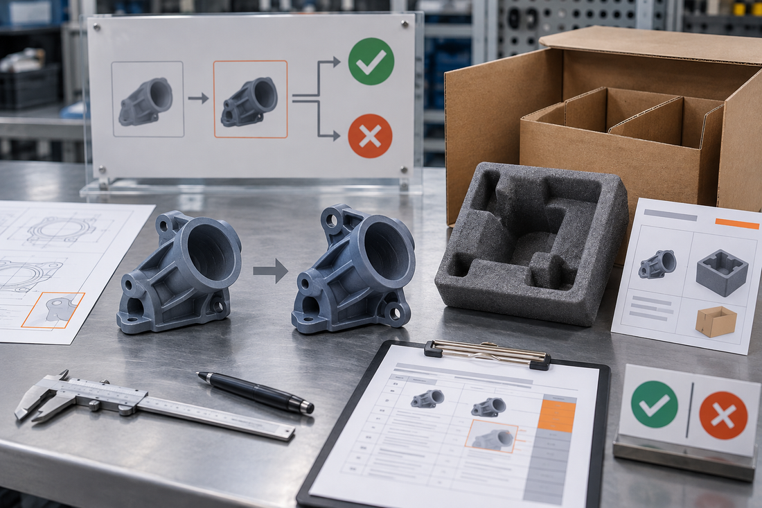 Original and revised 3D printed production parts reviewed with a fitted protective insert, carton dividers, revision sheet, and packaging approval controls