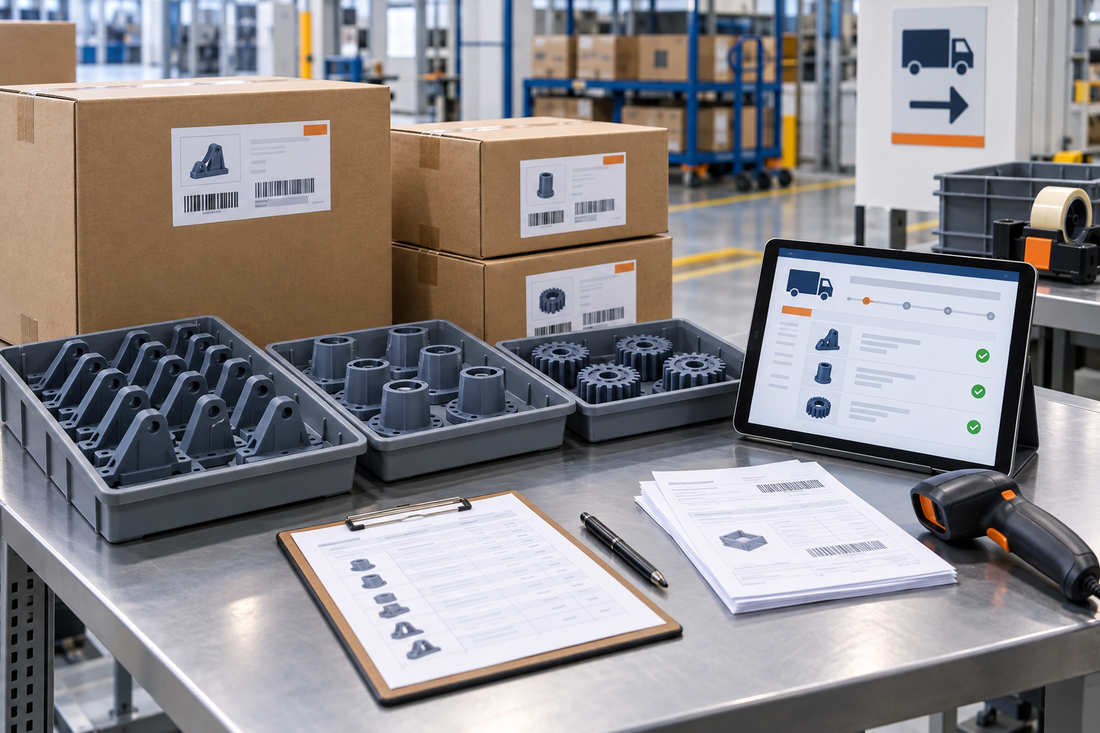Advance shipping notice workflow linking labeled cartons and trays of production 3D printed parts to shipment records and receiving scans