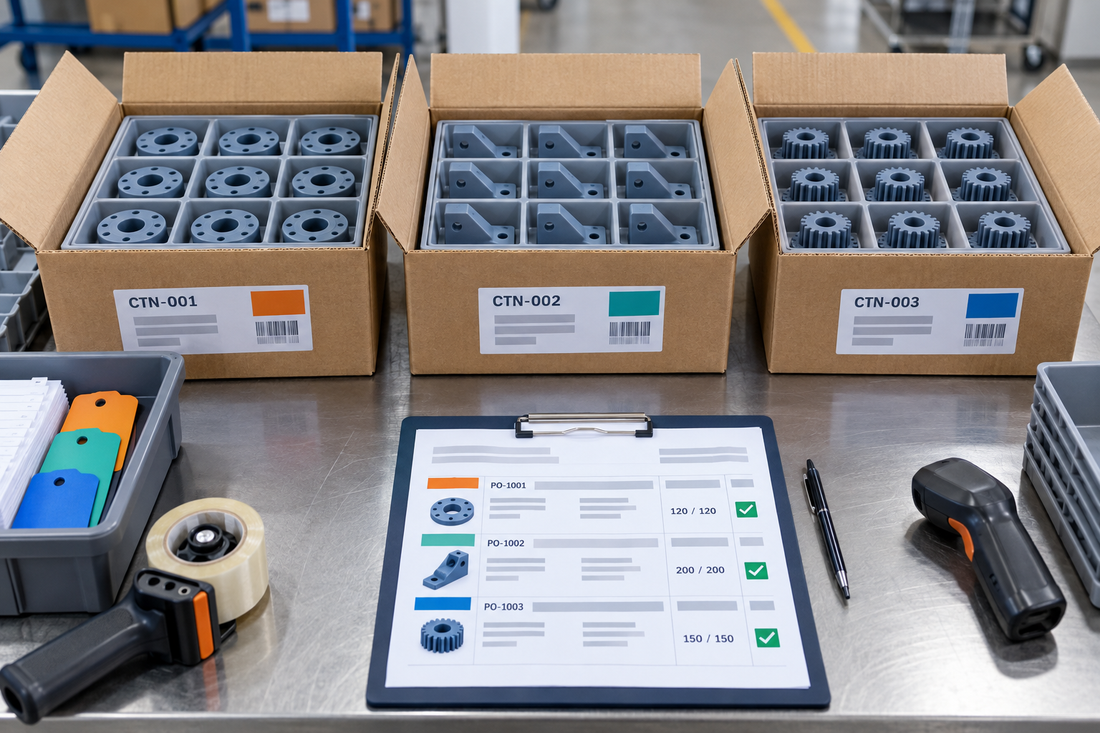 Packing list mapped to three labeled cartons containing different production 3D printed part families for multi-SKU receiving reconciliation