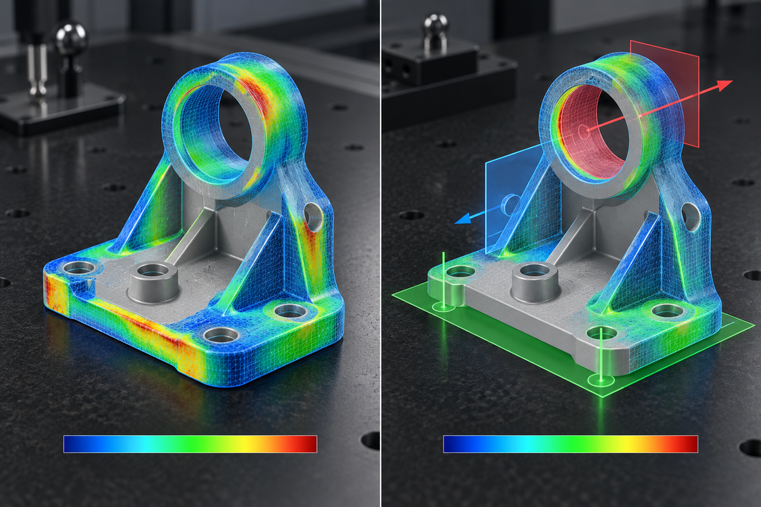 Illustrative split 3D scan comparison showing global best-fit alignment beside alignment constrained by functional datum surfaces and locating features