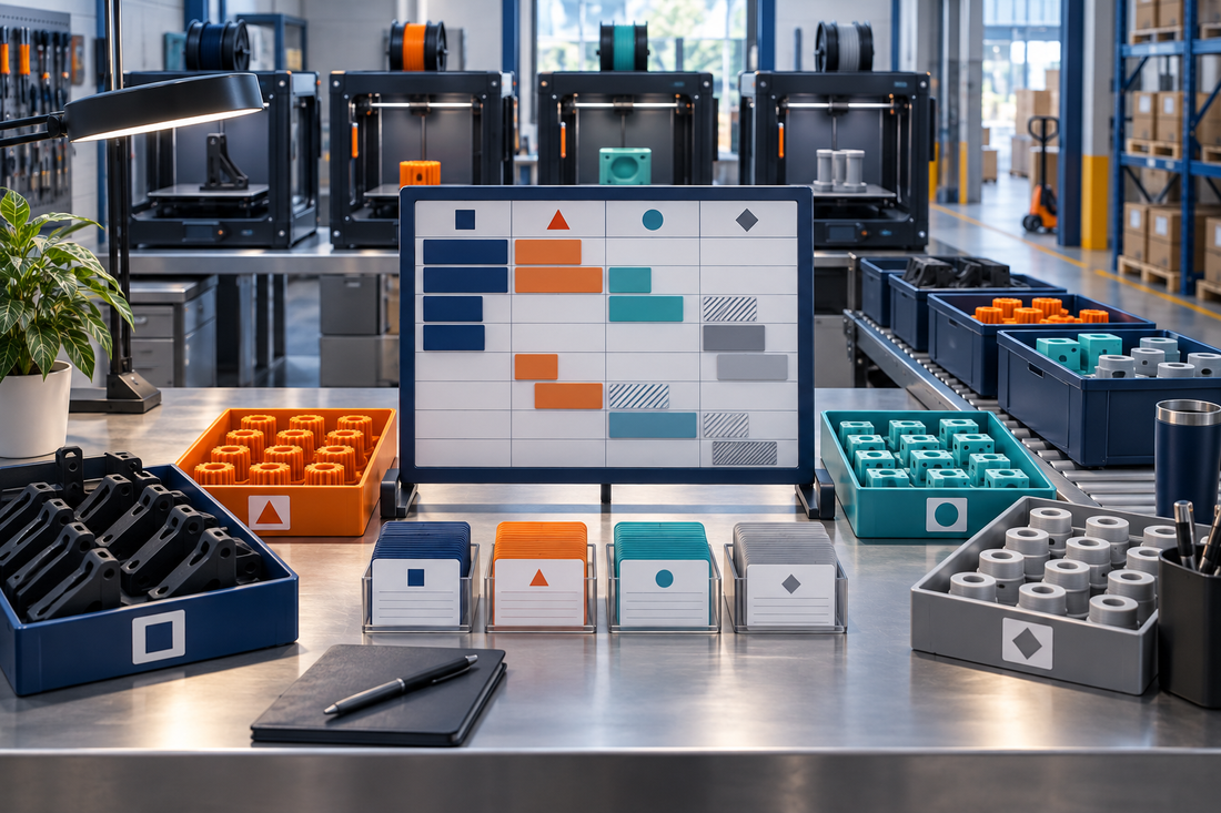 Production planning board allocating limited 3D printing capacity across several recurring part programs