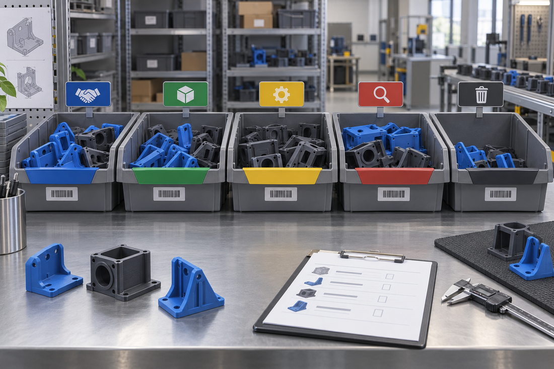 Separated inventory bins showing supplier-owned, available, allocated, inspection-hold, and consumed states for production 3D printed parts