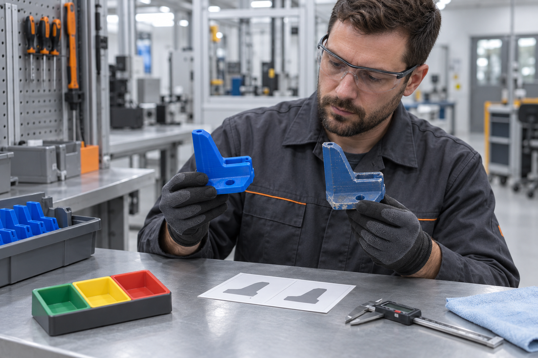 Maintenance engineer comparing a new blue 3D printed consumable tool with a worn matching tool at an inspection bench
