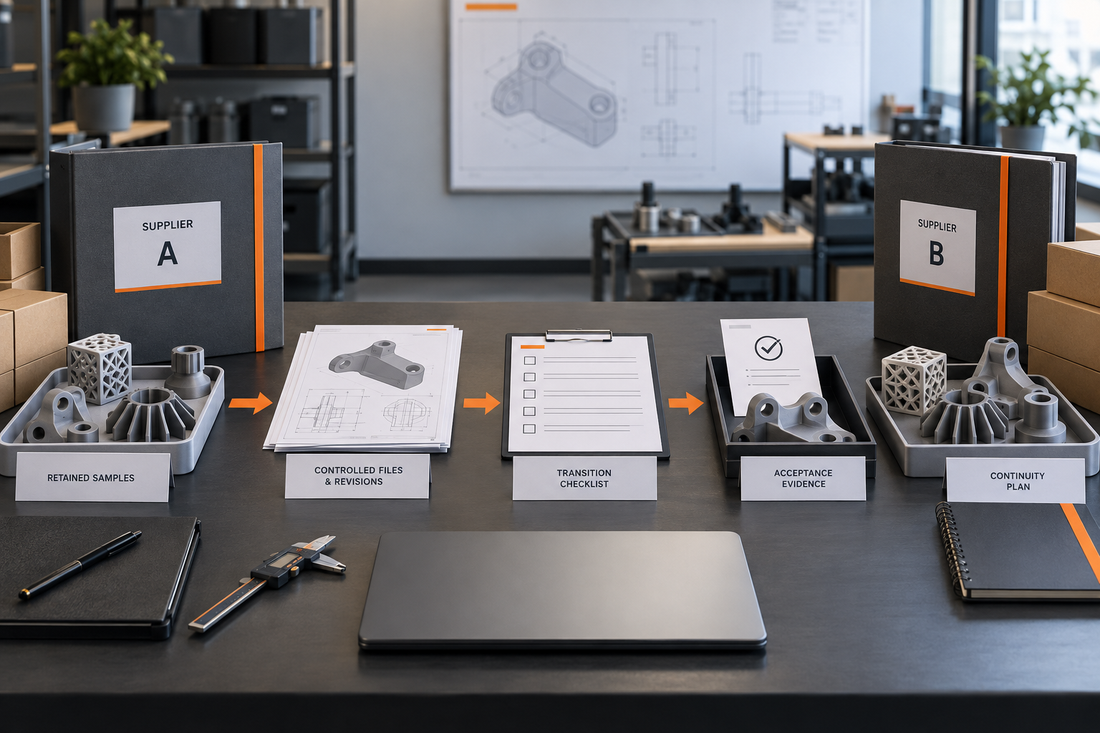 Contract 3D printing supplier transition review with retained samples, controlled files, checklist, acceptance evidence, and continuity plan