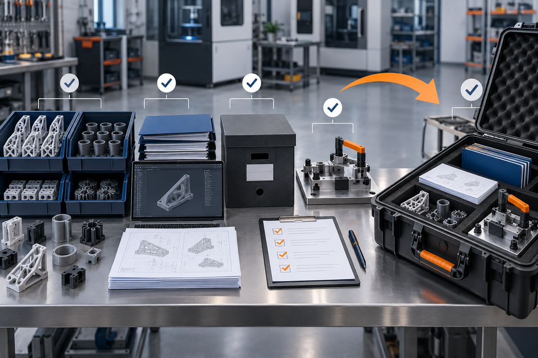 End-of-contract 3D printing reconciliation with counted parts, controlled CAD files, production records, buyer-owned fixture, and return case