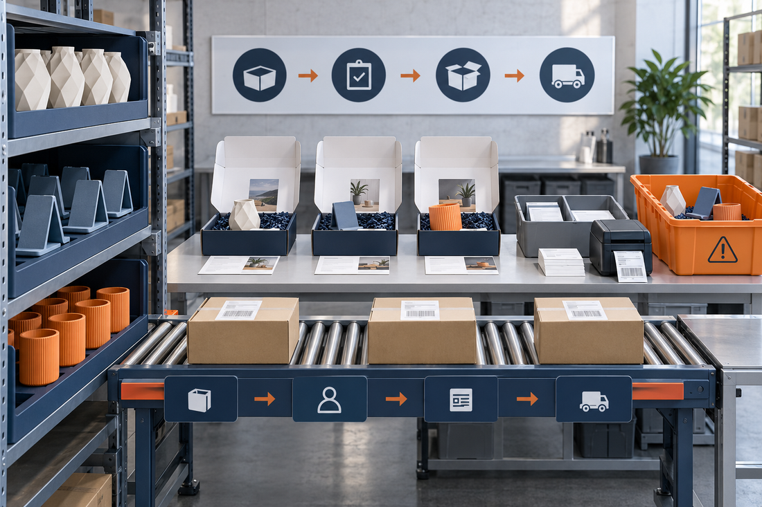 Controlled fulfillment station allocating generic 3D printed product inventory into distinct influencer and public-relations sample kits with tracking and an exception hold