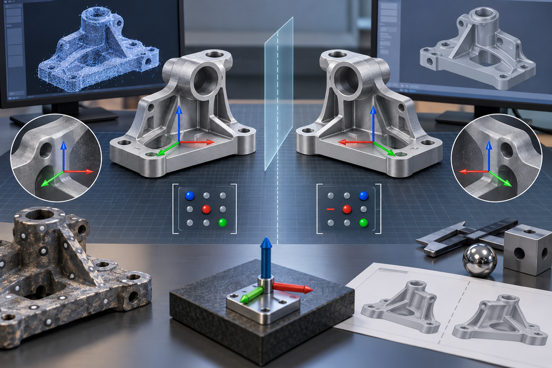 Mirrored scan-to-CAD models compared across a datum plane with opposing coordinate-axis handedness