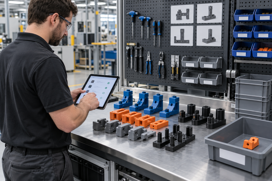 Technician cycle counting blue, orange, gray, and black 3D printed line-side jigs and fixtures at a controlled factory workstation