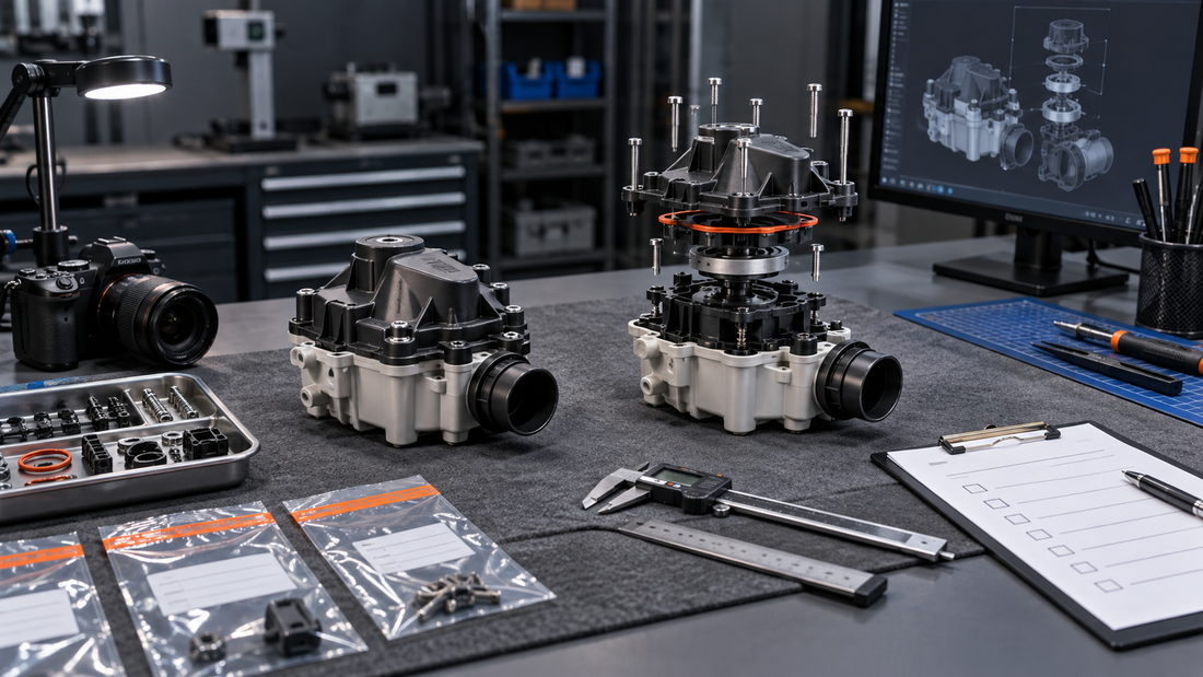 Intact industrial assembly beside a controlled exploded reference assembly, fastener trays, condition photos, calipers, and a blank approval checklist on an engineering workbench