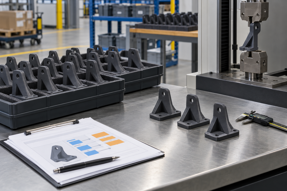 Production 3D printed brackets separated into deliverable order quantity and sacrificial destructive-test samples beside a test fixture