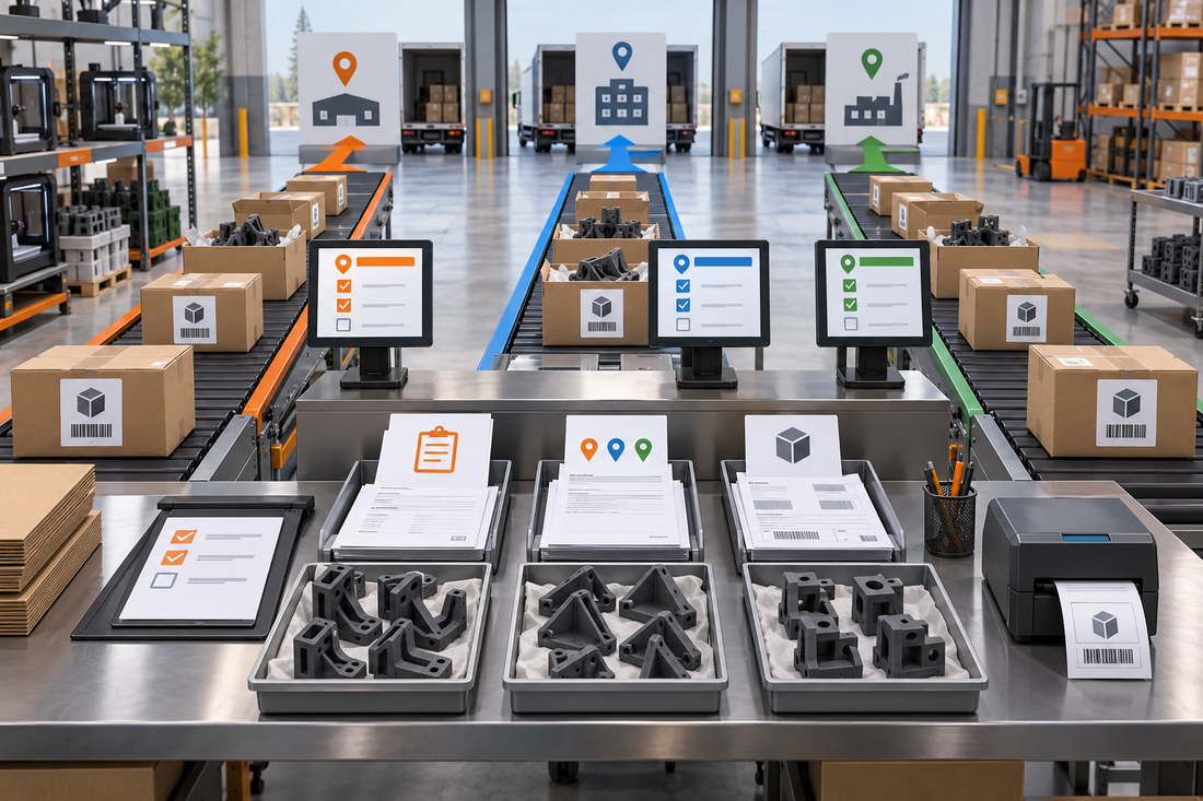 Controlled document station routing generic 3D printed parts and shipment records to three customer locations