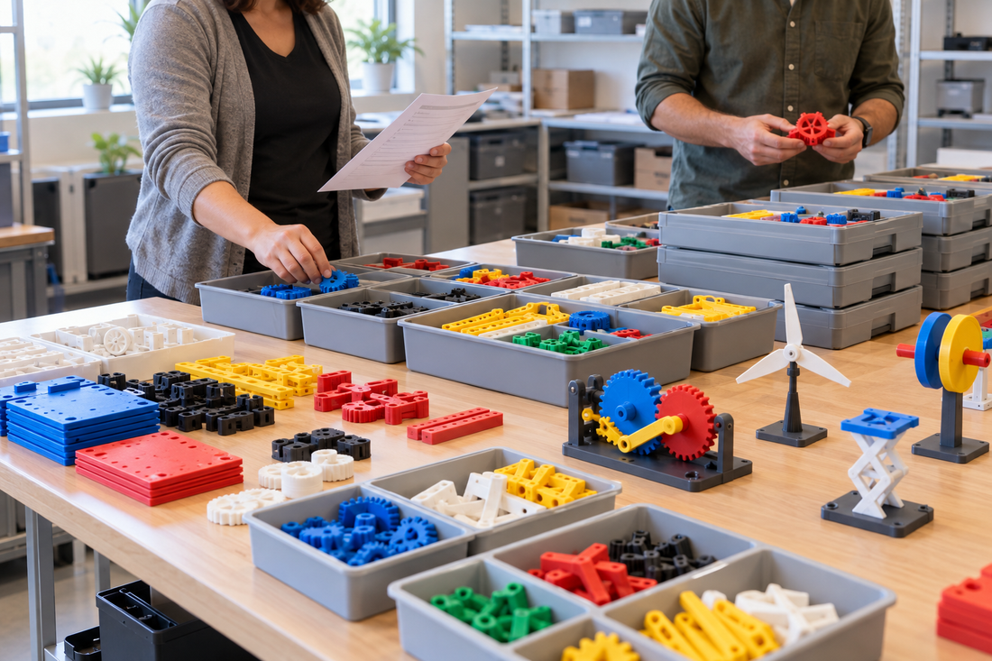 Education program staff sorting colorful 3D printed classroom lab-kit components, demonstration models, organizers, and replacement pieces into repeatable sets