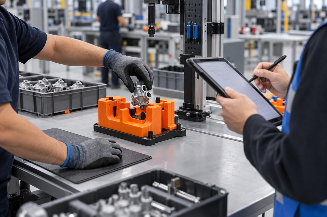 Operator and reviewer evaluating reach, grip clearance, part placement, and workstation fit around an orange 3D printed assembly aid